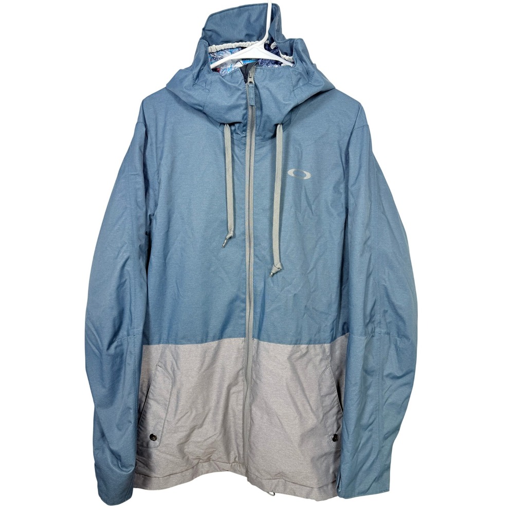 Oakley Men Blue Gray Colorblock Softshell Light Ski Jacket Hooded Pit Vents L